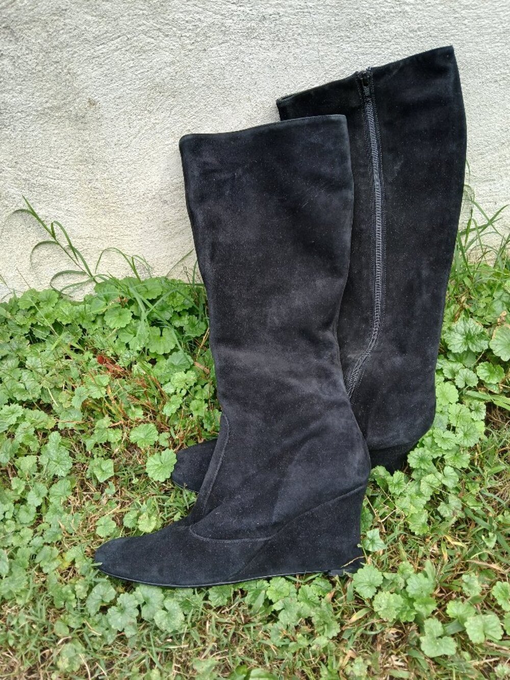 HATOLD'S made in Italy Black Suede Knee High Wedge Boots